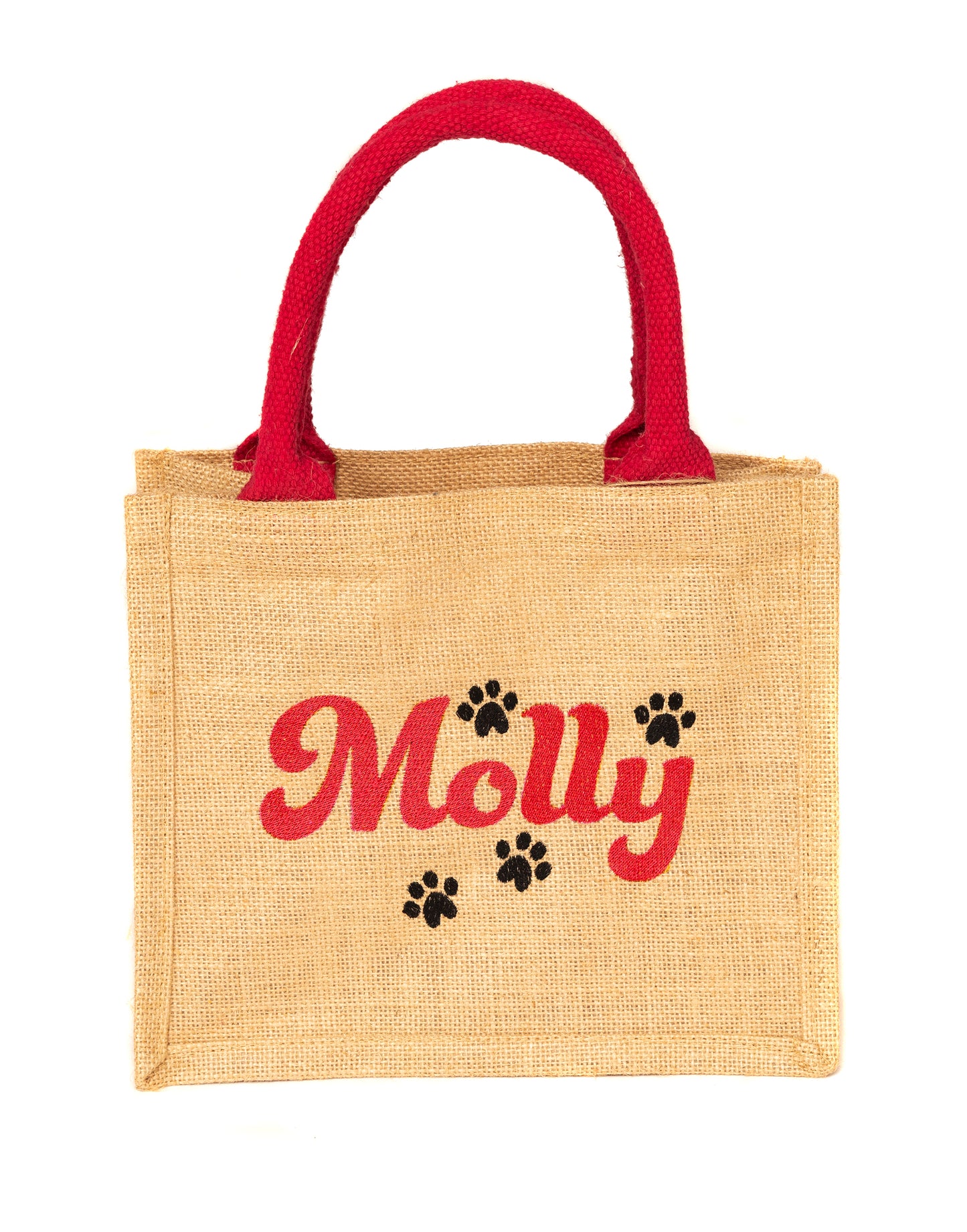 Liten juteväska med djurnamn